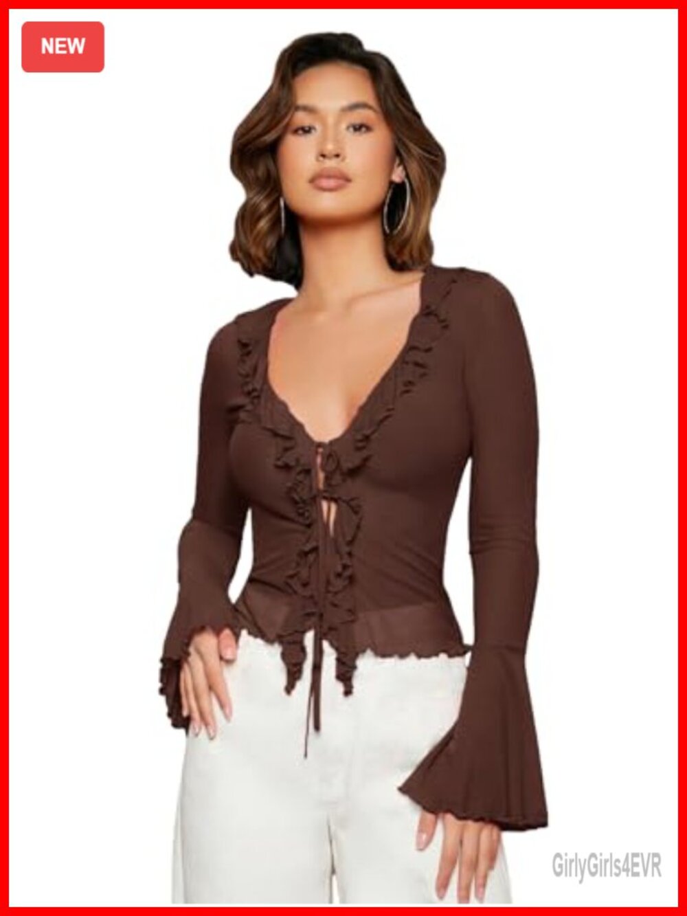 Sheer Mesh Bell Sleeve Tie Front Crop Blouse Ruffle V Neck